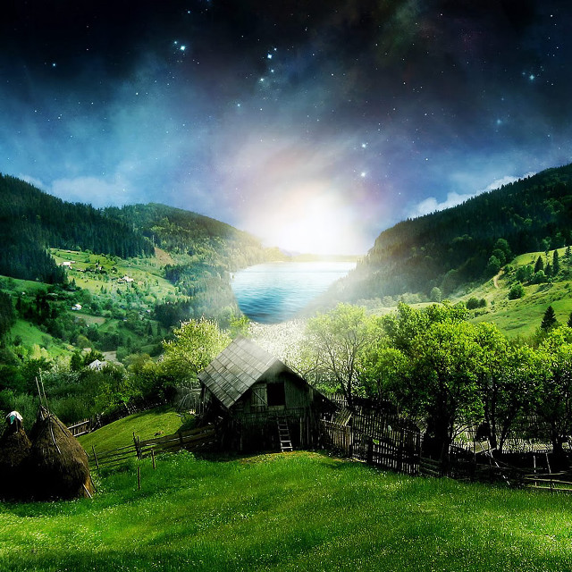 Cabin green field lake mountain free wallpaper for tablet - medium preview image