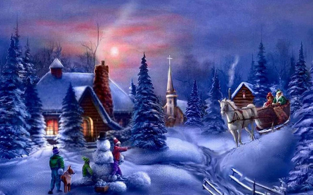 Christmas sleigh snowman church painting free wallpaper for desktop - medium preview image
