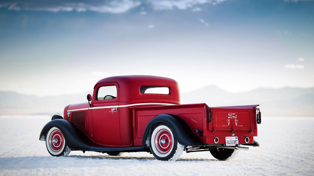 Red truck snow field mountain free wallpaper for desktop - medium preview image