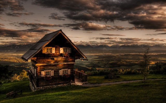 Cabin field mountains sunset cloudy free wallpaper for desktop - medium preview image