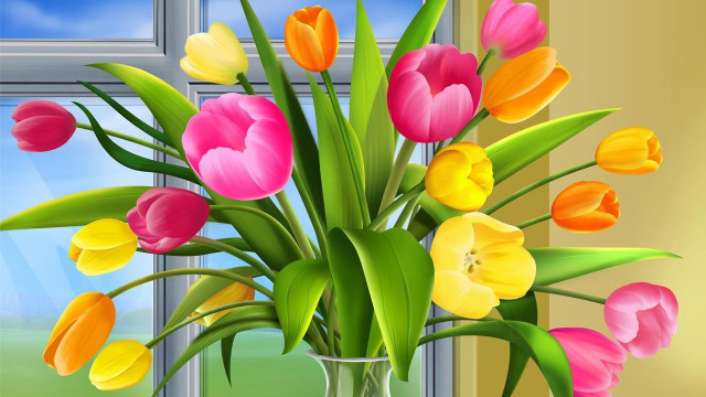 Vase colorful flowers window sill free wallpaper for desktop - medium preview image