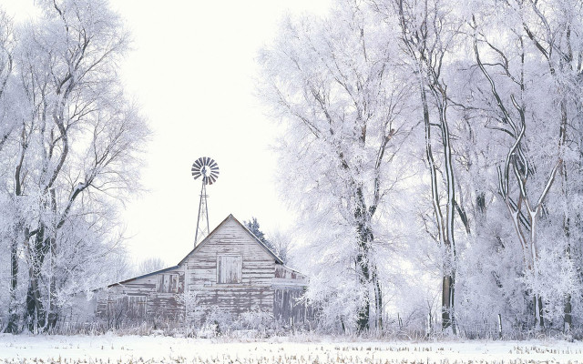 Barn snowy field windmill trees #2 free wallpaper for desktop - medium preview image