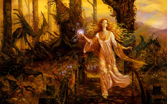 Woman forest crystal ball dragon free wallpaper for desktop - medium preview image