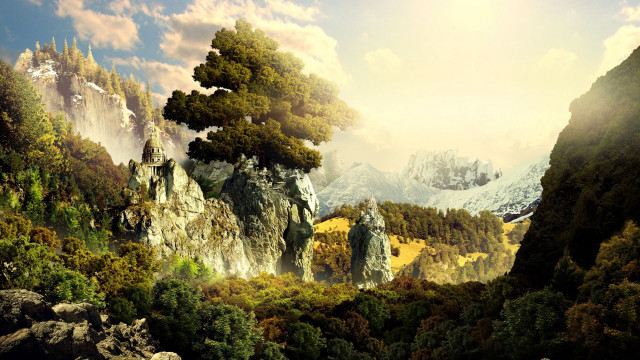 Mountain landscape trees sunbeam sky free wallpaper for desktop - medium preview image