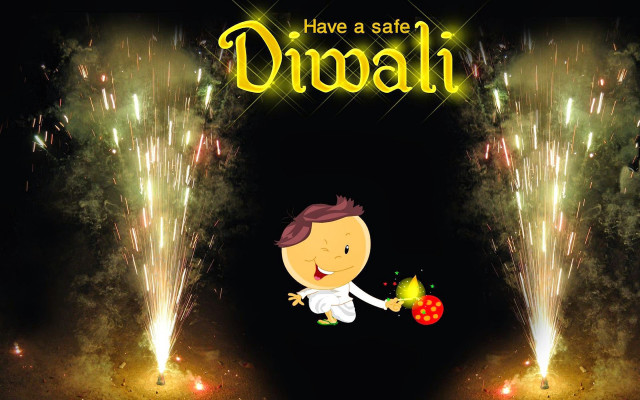 Cartoon character firework safety Diwali free wallpaper for desktop - medium preview image