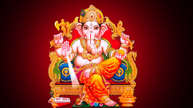 Ganesha throne red background painting free wallpaper for desktop - medium preview image