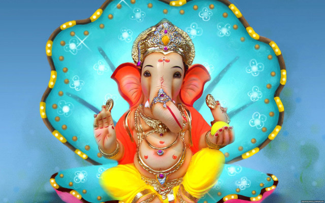 Ganesha blue background gold border free wallpaper for desktop - medium preview image