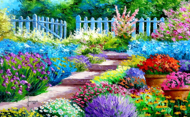 Garden flowers path white picket free wallpaper for desktop - medium preview image