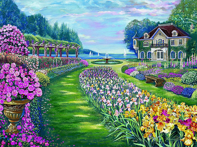 Garden flowers house fountain painting free wallpaper for desktop - medium preview image