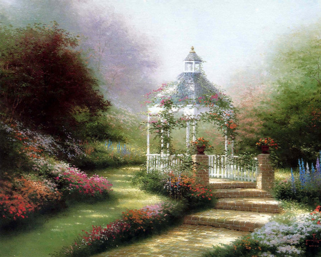 Gazebo garden flowers trees path free wallpaper for desktop - medium preview image