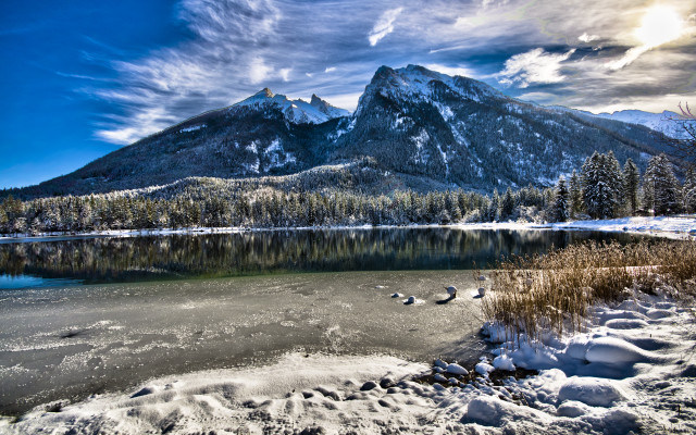 Mountain range lake snow foreground free wallpaper for desktop - medium preview image