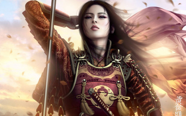 Woman armor sword flag sky free wallpaper for desktop - medium preview image
