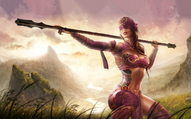 Woman purple outfit sword field free wallpaper for desktop - medium preview image