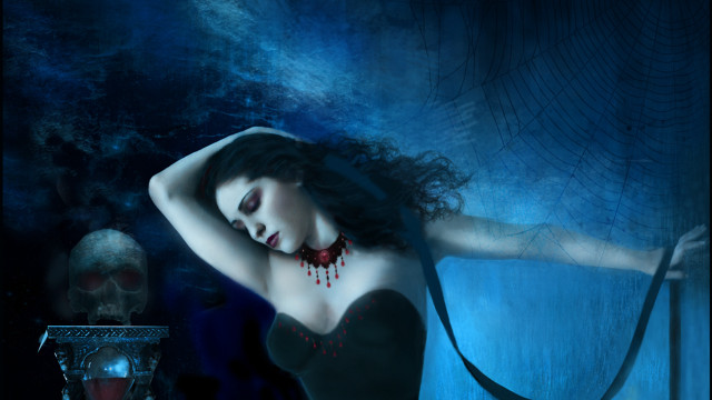 Woman dark dress red necklace free wallpaper for desktop - medium preview image