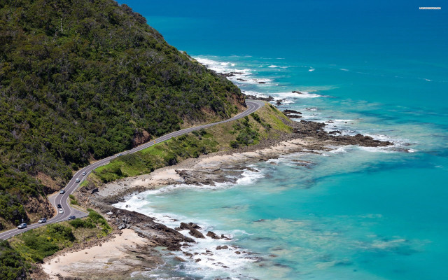 Scenic road ocean mountain water free wallpaper for desktop - medium preview image