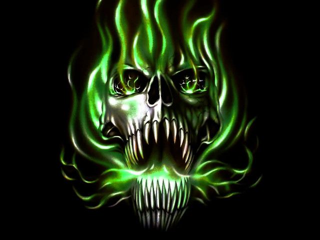Green skull flames face eyes free wallpaper for desktop - medium preview image