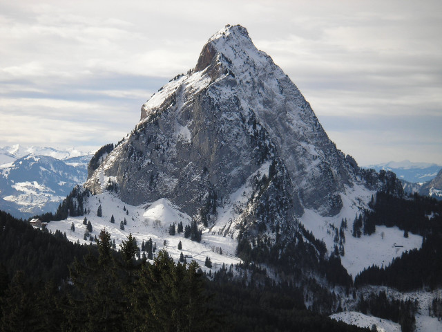Mountain snow peak evergreens cloudy free wallpaper for desktop - medium preview image