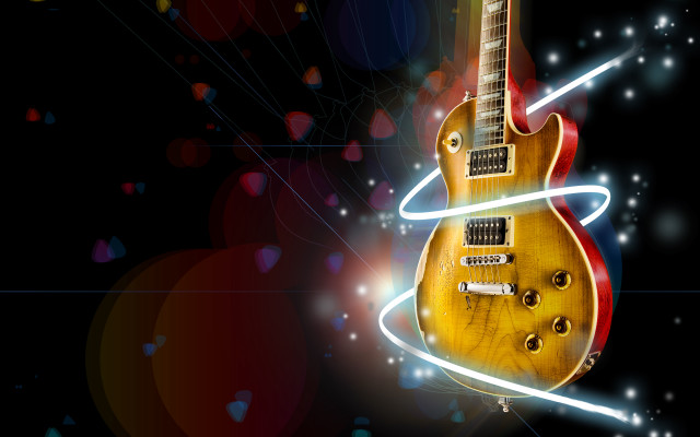 Yellow guitar red neck strings free wallpaper for desktop - medium preview image
