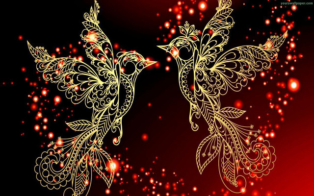 Golden birds intricate red background free wallpaper for desktop - medium preview image