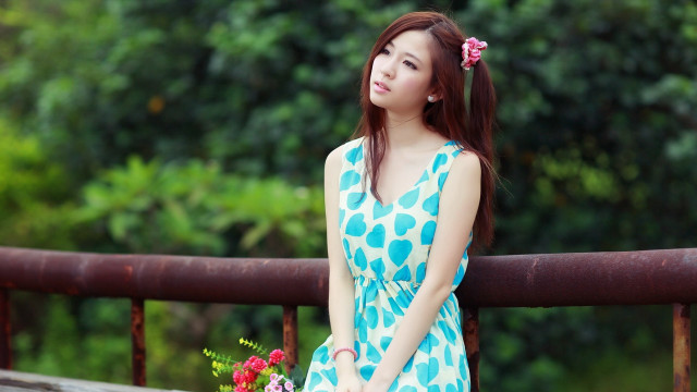 Woman blue dress bouquet flowers #2 free wallpaper for desktop - medium preview image