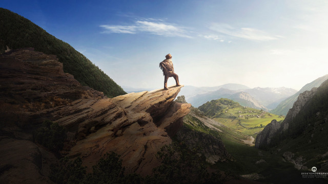 Man cliff mountains sky clouds free wallpaper for desktop - medium preview image