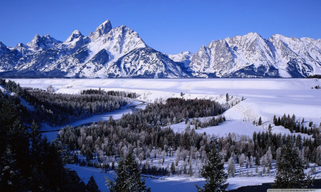 Snowy landscape mountains trees river #2 free wallpaper for desktop - medium preview image