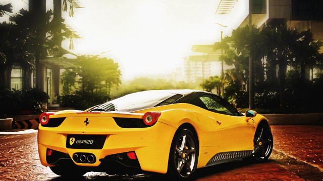 Yellow sports car wet street #2 free wallpaper for desktop - medium preview image