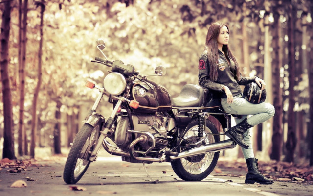 Woman motorcycle woods leaves leather free wallpaper for desktop - medium preview image