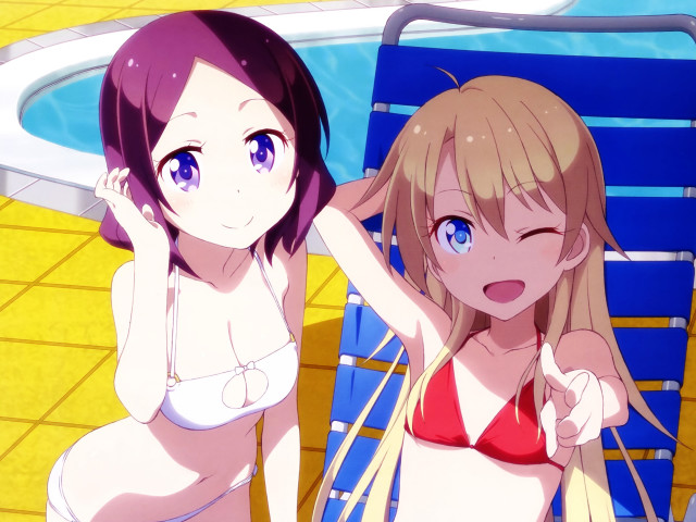 Women bikinis pool chair relaxing free wallpaper for desktop - medium preview image