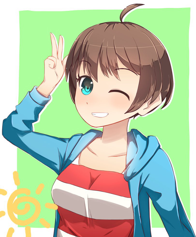 Cartoon girl peace sign blue free wallpaper for mobile - medium preview image