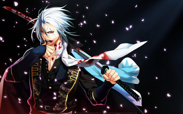 White hair sword blood cherry free wallpaper for desktop - medium preview image