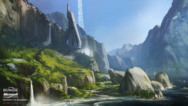 Mountain landscape waterfall sky painting free wallpaper for desktop - medium preview image
