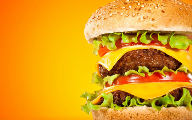 Hamburger cheese lettuce yellow background free wallpaper for desktop - medium preview image