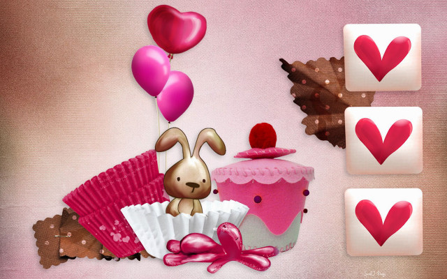 Pink cake bunny hearts cupcake free wallpaper for desktop - medium preview image