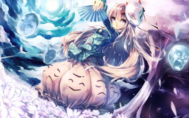 Girl sitting pumpkin field flowers free wallpaper for desktop - medium preview image