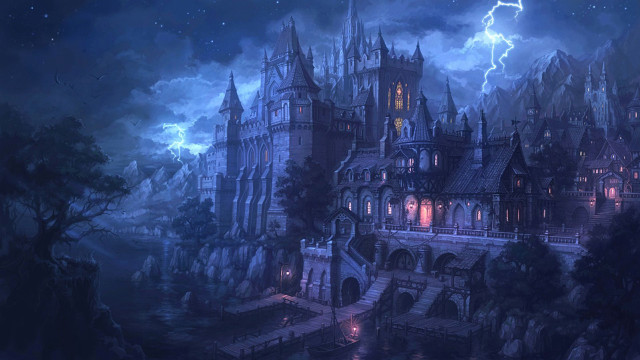 Castle lightning tree sky stormy free wallpaper for desktop - medium preview image