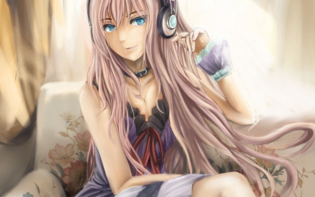 Woman pink hair headphones dress free wallpaper for desktop - medium preview image