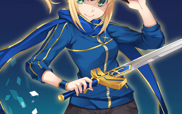 Woman blue outfit holding sword free wallpaper for desktop - medium preview image