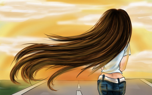 Woman walking road hair wind free wallpaper for desktop - medium preview image