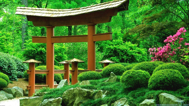 Japanese garden wooden gate rocks free wallpaper for desktop - medium preview image