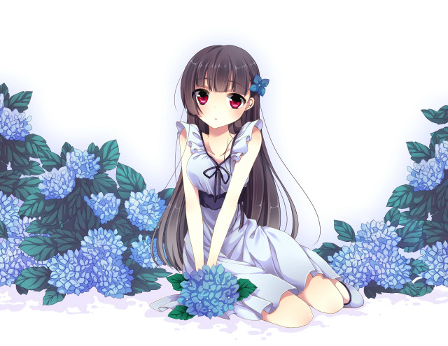 Girl sitting flowers blue hair free wallpaper for desktop - medium preview image