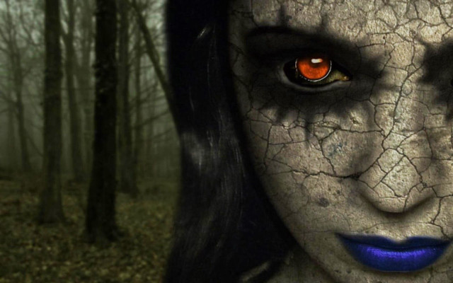 Creepy woman red eyes forest free wallpaper for desktop - medium preview image