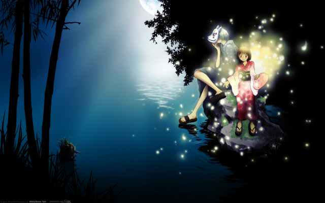 Couple sitting rock water night free wallpaper for desktop - medium preview image