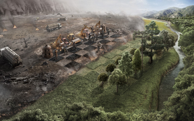 Field trees truck smoke sky free wallpaper for desktop - medium preview image