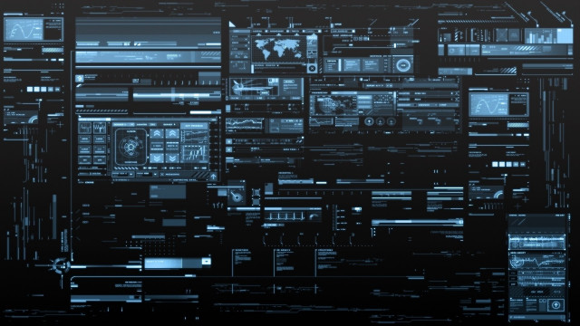 Cybernetics cityscape screens dark room free wallpaper for desktop - medium preview image