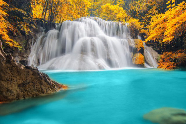 Waterfall blue pool yellow leaves free wallpaper for desktop - medium preview image