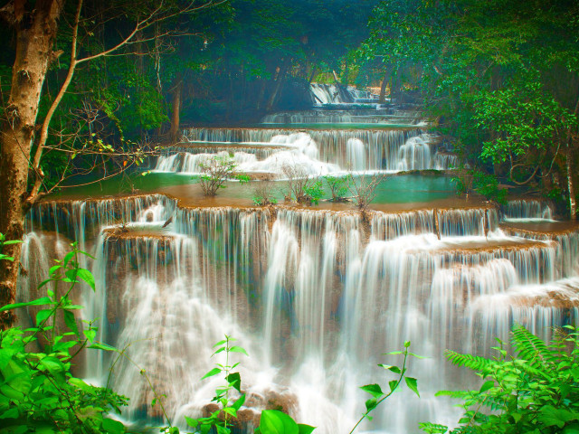 Waterfall cascading water trees nature free wallpaper for desktop - medium preview image