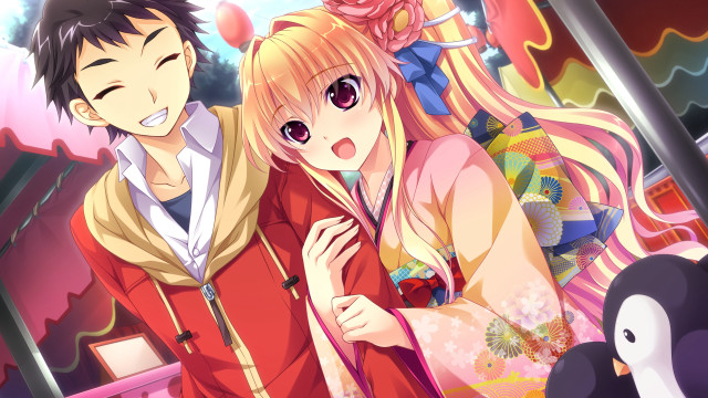 Anime couple characters building penguin free wallpaper for desktop - medium preview image