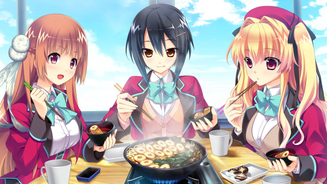 Three anime girls food drinks free wallpaper for desktop - medium preview image