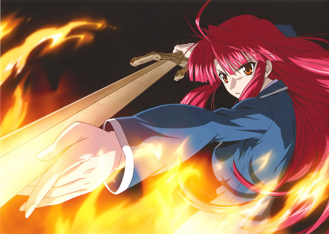 Woman red hair sword fire free wallpaper for desktop - medium preview image